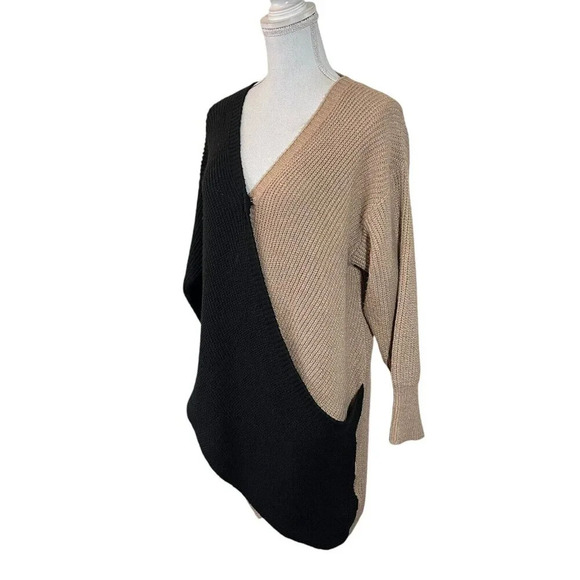 SHEIN Knit Knee Length Dress Medium Draped V Neck Black Tan Colorblock Baggy - Picture 2 of 6